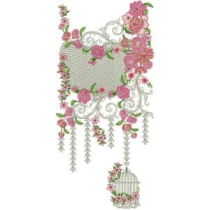 Elegant Floral Cage Neckline Embroidery Design with Pink Roses and Hanging Ornament