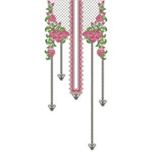 Stylish Floral Panel Neckline Embroidery Design with Rose Clusters and Hanging Chain Detail