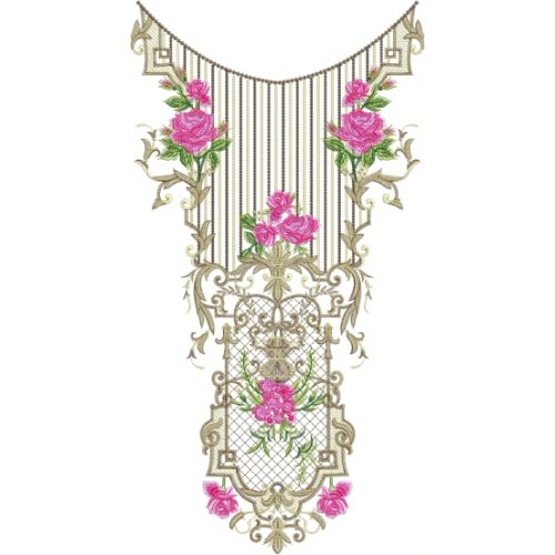 Royal Hanging Rose Neckline Embroidery Design with Vintage Ornamental Frame