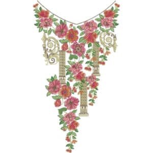 Elegant V-Neck Floral Neckline Embroidery Design with Rose Blossoms and Classic Pillar Detail