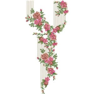 Elegant Hanging Floral V-Neckline Embroidery Design with Rose Vines and Chain Detail