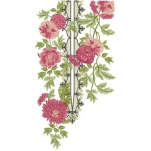 Elegant Floral Panel Neckline Embroidery Design with Vintage Frame and Pink Blossom Vines