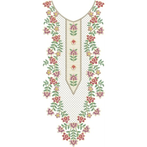 Elegant V-Shape Floral Neckline Embroidery Design with Delicate Multicolor Blossoms