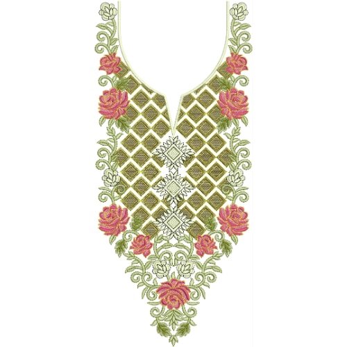 Elegant Geometric Rose Neckline Embroidery Design with Classic Diamond Pattern