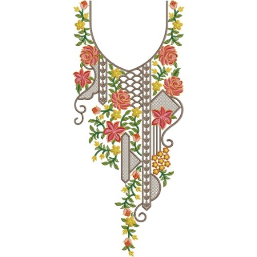 Elegant Floral V-Neckline Embroidery Design with Multicolor Blossom Vines and Lattice Detail