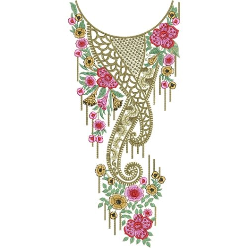 Luxury Paisley Floral Neckline Embroidery Design with Ornamental Net and Hanging Details