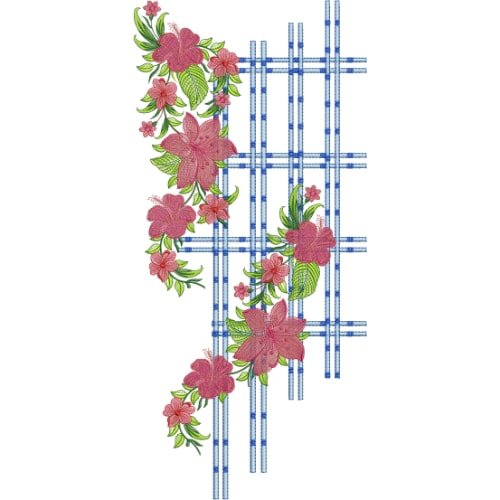 Modern Geometric Floral Neckline Embroidery Design with Blue Check Pattern