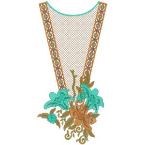 Elegant Floral V-Neck Embroidery Design with Geometric Mesh Detailing