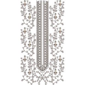 Elegant Floral Long Neckline Embroidery Design with Ornamental Vinework and Geometric Borders