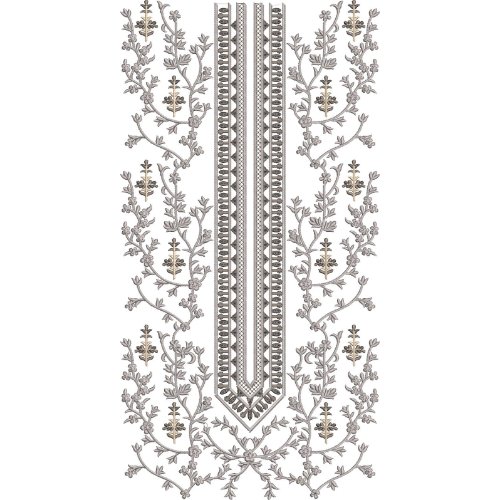 Elegant Floral Long Neckline Embroidery Design with Ornamental Vinework and Geometric Borders