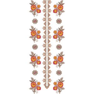 Traditional Floral Long Neckline Embroidery Design with Geometric Ethnic Motifs