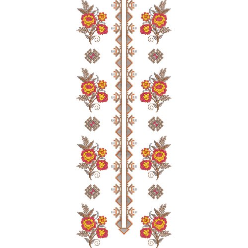 Traditional Floral Long Neckline Embroidery Design with Geometric Ethnic Motifs