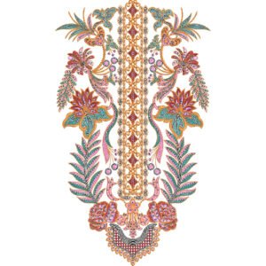 Elegant Floral Long Neckline Embroidery Design with Ornamental Vinework and Tropical Leaf Motifs
