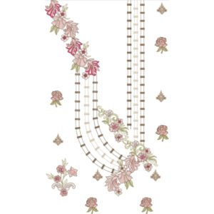 Elegant Floral U-Shaped Neckline Embroidery Design with Hanging Bead Strands and Rose Motifs