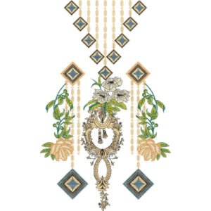 Elegant Floral Pendant Neckline Embroidery Design with Geometric Hanging Motifs