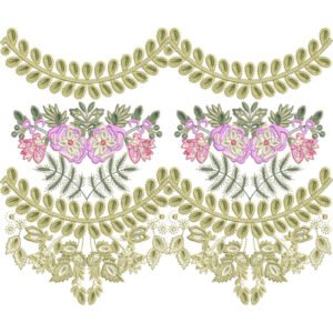 Floral Lace Embroidery Neckline Design with Decorative Leaf Borders and Elegant Flower Motifs