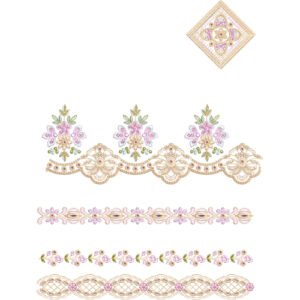 Elegant Lace Embroidery Border and Motif Set with Floral Accents and Ornamental Lace Patterns