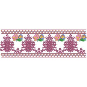 Floral Lace Embroidery Border Design with Ornamental Lace Motifs and Decorative Geometric Pattern
