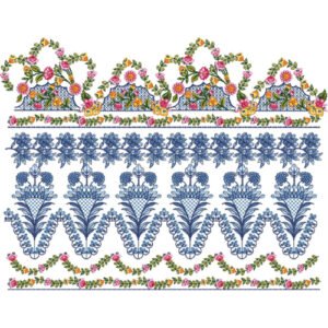 Floral Lace Embroidery Border Design with Ornamental Blue Motifs and Decorative Garden Pattern