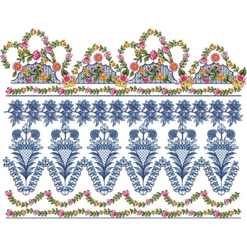Floral Lace Embroidery Border Design with Ornamental Blue Motifs and Decorative Garden Pattern