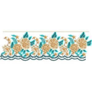 Floral Lace Embroidery Border Design with Scalloped Lace Edge and Decorative Blossom Motifs