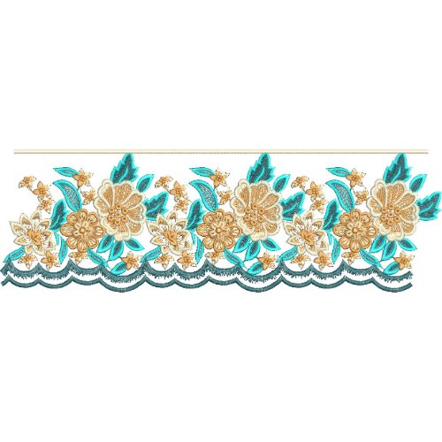 Floral Lace Embroidery Border Design with Scalloped Lace Edge and Decorative Blossom Motifs