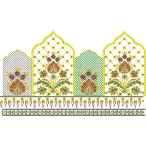 Floral Lace Embroidery Border Design with Ornamental Arch Motifs and Decorative Mesh Pattern
