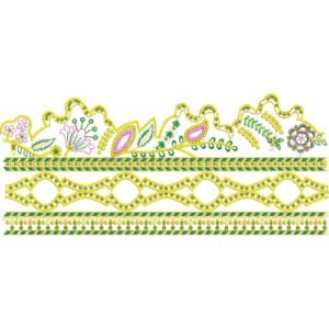 Floral Lace Embroidery Border Design with Decorative Scalloped Lace Pattern and Geometric Bands