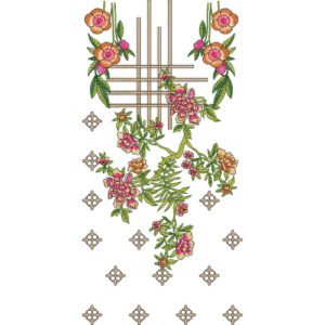 Elegant Floral Neckline Embroidery Design with Geometric Lattice Framework and Scattered Buti Motifs