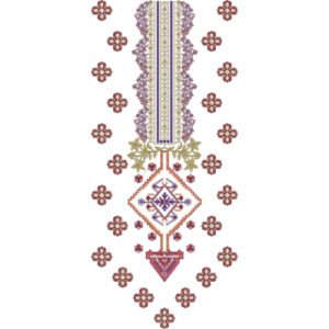Traditional Geometric Neckline Embroidery Design with Ornamental Medallion and Scattered Floral Buti Motifs