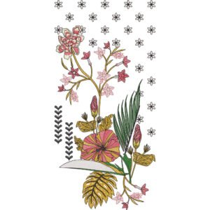 Artistic Floral Corner Embroidery Design with Tropical Foliage and Scattered Blossom Motifs