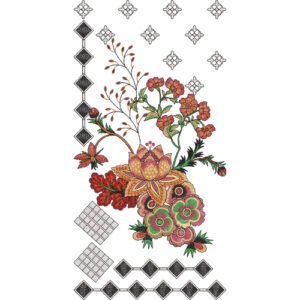 Artistic Floral Corner Embroidery Design with Geometric Diamond Accents and Ornamental Botanical Motifs