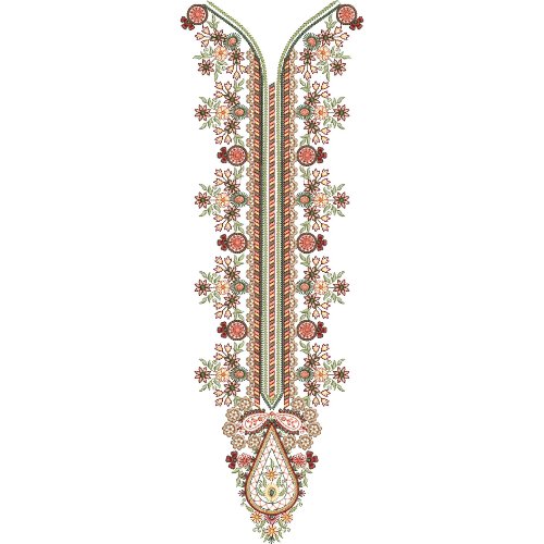Luxury Floral V-Neck Embroidery Design with Decorative Blossom Vines and Ornamental Paisley Pendant
