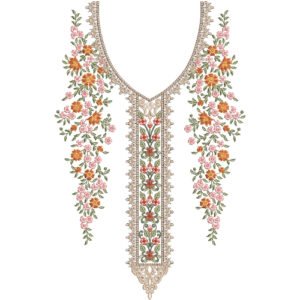 Luxury Floral V-Neck Embroidery Design with Ornamental Lace Borders and Cascading Blossom Vine Motifs
