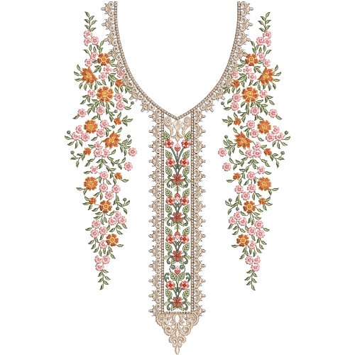 Luxury Floral V-Neck Embroidery Design with Ornamental Lace Borders and Cascading Blossom Vine Motifs