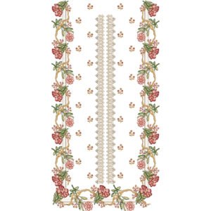 Luxury Floral Embroidery Panel Design with Ornamental Lace Placket and Decorative Rose Vine Borders