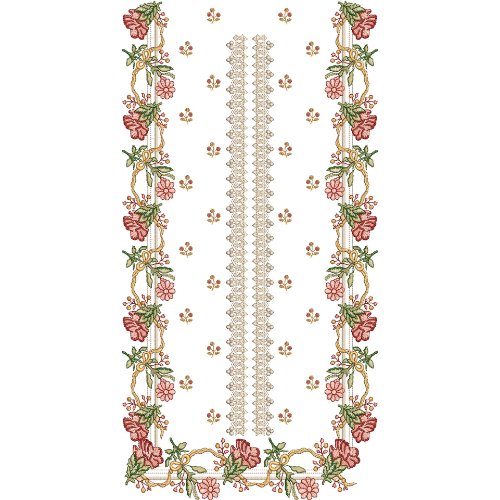 Luxury Floral Embroidery Panel Design with Ornamental Lace Placket and Decorative Rose Vine Borders