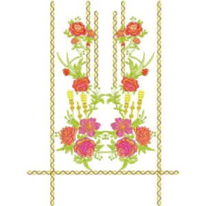 Luxury Floral Embroidery Panel Design with Decorative Chain Borders and Symmetrical Rose Bouquet Motifs