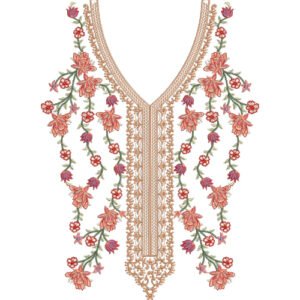Luxury Floral V-Neck Embroidery Design with Ornamental Vine and Blossom Arrangement