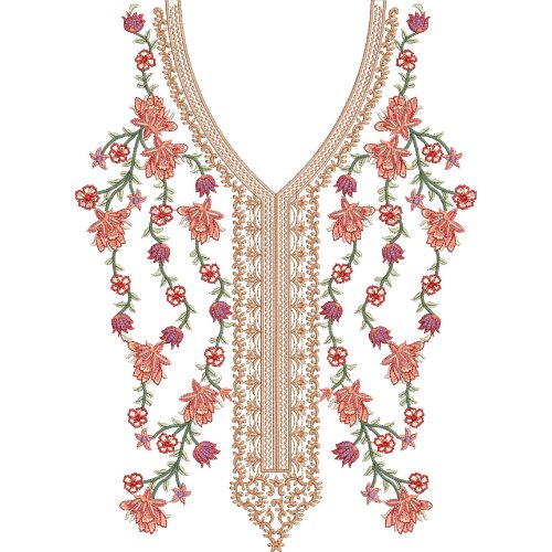 Luxury Floral V-Neck Embroidery Design with Ornamental Vine and Blossom Arrangement