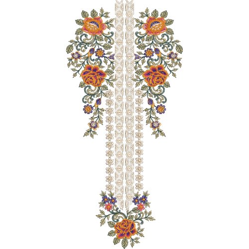 Royal Floral Neck Embroidery Design with Ornamental Scrollwork and Decorative Panel