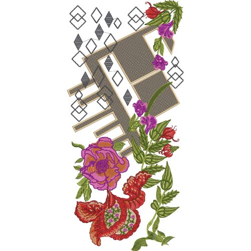 Contemporary Floral Embroidery Design with Geometric Framework and Paisley Accent
