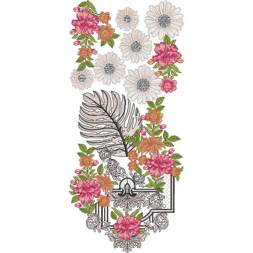 Elegant Floral Embroidery Design with Ornamental Frame and Tropical Leaf Accent