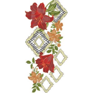 Modern Floral Embroidery Design with Geometric Diamond Motifs and Lily Arrangement