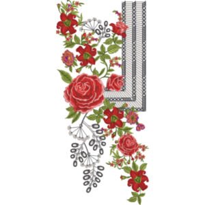 Elegant Rose Floral Embroidery Design with Decorative Frame and Cascading Botanical Arrangement