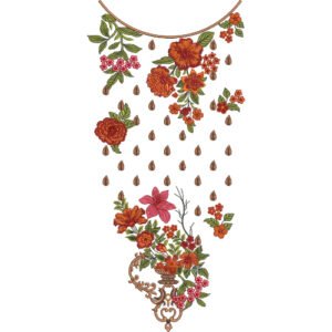 Elegant Floral Neck Embroidery Design with Hanging Motifs and Ornamental Bouquet Arrangement