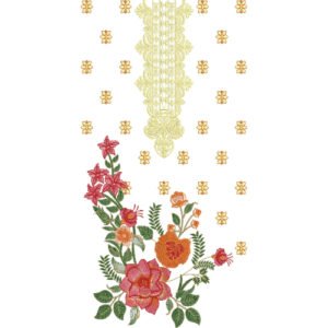 Floral Embroidery Design with Ornamental Lace Motif and Scattered Blossom Pattern