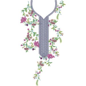 Elegant V-Neck Embroidery Design with Floral Vine Arrangement and Decorative Center Panel