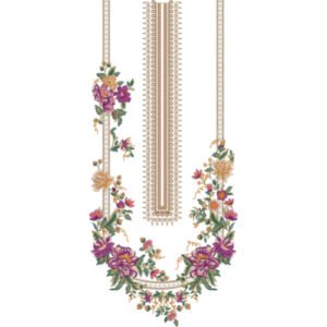 Elegant U-Neck Embroidery Design with Floral Garland and Decorative Hanging Panel
