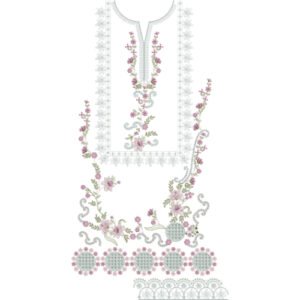 Elegant Floral Neckline Embroidery Design with Delicate Vine Scrolls and Decorative Hem Border